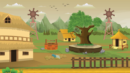 Village cartoon background evening illustration of green meadows and surrounded by trees, windmill fans and mountains © Surkhab Ahmad