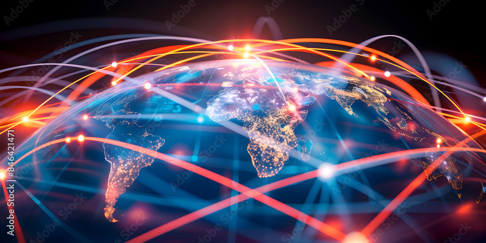 Wall mural earth globe with africa map, telecommunication and data transfer networks with global internet and a