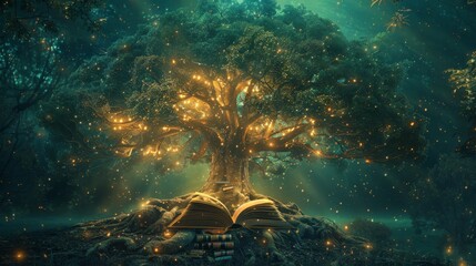 Magical tree with books sprouting as branches, shimmering light, forest of wisdom, ethereal glow around
