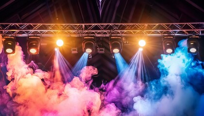 Colorful stage lights smoke at concert or theatre