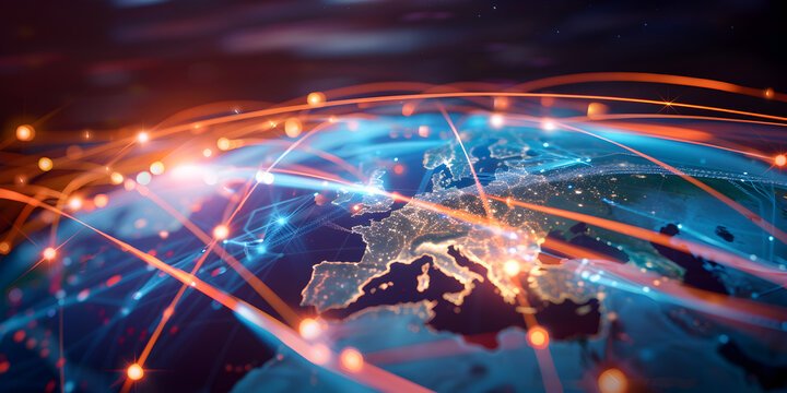 Earth globe with Erope map, telecommunication and data transfer networks with global internet and artificial intelligence connectivity for communication technology