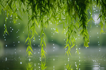 Raindrops Glistening on Willow Leaves Over Calm Lake