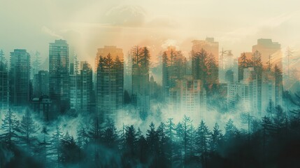 Urban Skyline Merging with Forest in Misty Morning Light, Modern Cityscape with High-Rise Buildings and Dense Trees, Nature and Urbanization, Serene Atmosphere, Foggy Sunrise