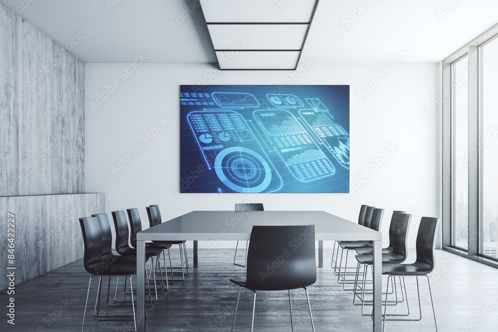 Fototapete abstract creative statistics data hologram on presentation monitor in a modern boardroom, analytics 