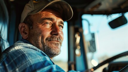 Obraz premium A man with a cap and a smile is driving a truck
