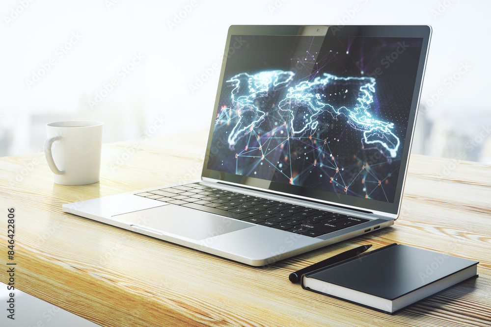 Leinwandbilder abstract digital world map on modern computer monitor, big data and blockchain concept. 3d rendering