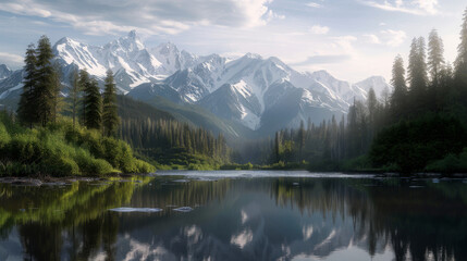 Fisherman pulls a silver salmon out of the water amidst Alaska's snow-capped mountains and pristine wilderness.