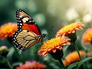 Fototapeta premium Beautiful yellow and orange mix big butterfly in a beautiful yellow flower