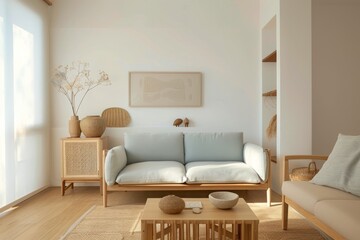 A minimalist living room with wooden furniture, a light blue sofa and a wood sideboard against a white wall.
