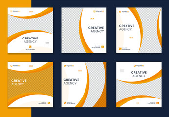 Orange organic corporate social media post design set, business square creative agency template carousel of online advertising, digital marketing, multipurpose vector layout 