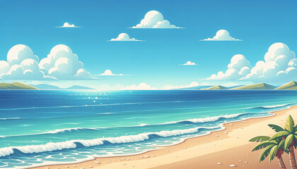 夏の砂浜と海　背景、壁紙　（ AI生成画像 ）