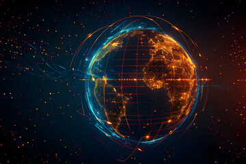 Obraz premium Earth globe with America map, telecommunication and data transfer networks with global internet and artificial intelligence connectivity for communication technology
