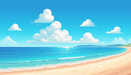 夏の砂浜と海　背景、壁紙　（ AI生成画像 ）