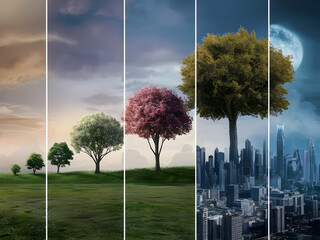 A stunning 3D render of a tree's evolution from a small sapling to a majestic, fully grown tree. The first image shows the young sapling in a lush green forest, surrounded by tall, mature trees. As th
