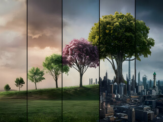 A stunning 3D render of a tree's evolution from a small sapling to a majestic, fully grown tree. The first image shows the young sapling in a lush green forest, surrounded by tall, mature trees. As th