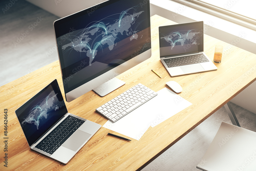 Fototapete modern computer monitor with abstract digital world map with connections, research and strategy conc