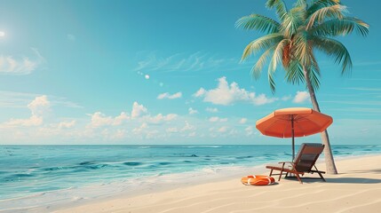 3d rendering of beach with lounge chair, umbrella and life ring on the sand under palm tree. summer vacation concept banner background.