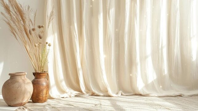 white linen backdrop with boho elements, minimalist style, bohemian style, vintage vases and plants on the floor, light beige background, shot from the front, large soft curtains, studio lighting