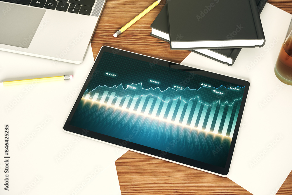 Poster modern digital tablet screen with abstract financial diagram, banking and accounting concept. top vi