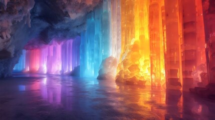 A cave with a rainbow of ice sculptures