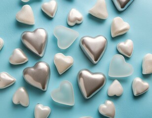 Fototapeta premium Composition with candy hearts on pastel blue background.
