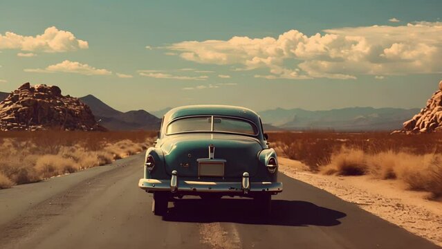 Vintage Car Driving on Desert Highway with Ai generated.
