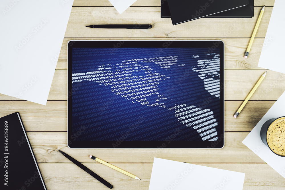 Aufkleber america map on modern digital tablet screen, big data and digital technology concept. top view. 3d r