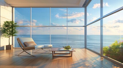 A modern living room with beige walls, wooden furniture and a large blank wall mockup.