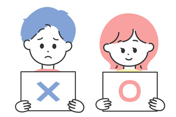 丸とばつのフリップを持つ男女のイラスト
