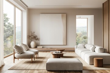 Fototapeta premium A modern living room with beige walls, wooden furniture and a large blank wall mockup.
