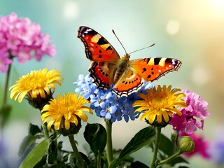 Obraz premium Beautiful colorful butterfly in a bunch of beautiful flowers