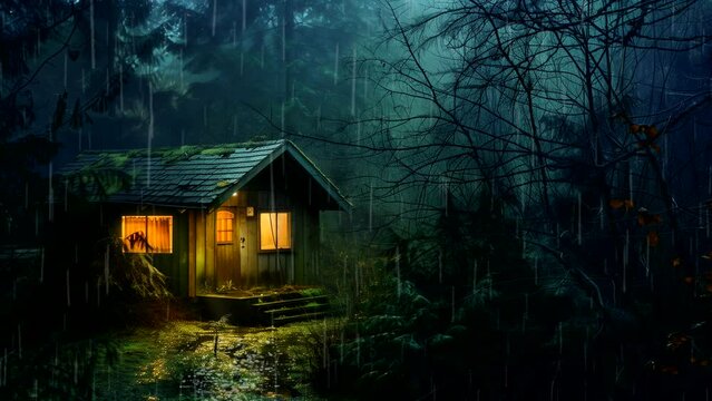A cabin in the middle of the forest at night with rain falling, for relaxing background music. seamless looping time-lapse video background