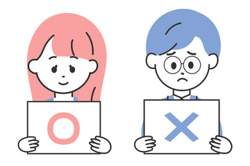 まるばつのフリップを持つスーツの男女のイラスト