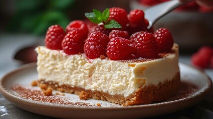 A slice of cheesecake with raspberries on top