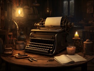 Vintage Creativity: Antique Typewriter in a Cozy Candlelit Study