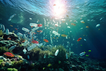 A vibrant coral reef is marred by plastic bottles and other debris, a stark reminder of the impact of pollution on marine ecosystems