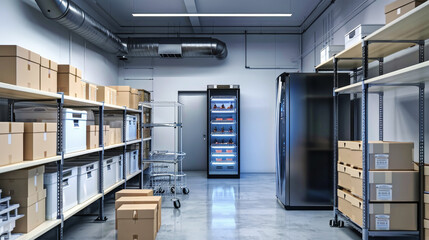An industrial refrigerated room for food storage, featuring a large walk-in freezer and rows of shelves filled with boxes and containers