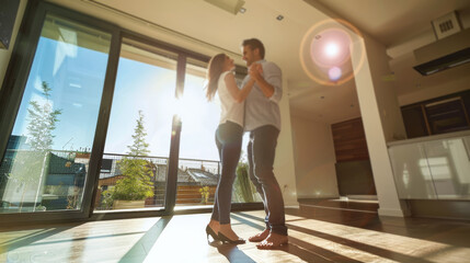 A young couple dances in their new home, celebrating their homeownership dream. Sunlight streams through large windows, illuminating their joy and excitement