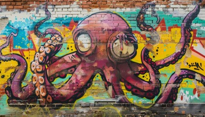 Enigmatic Octopus: Vibrant Graffiti Art on Weathered Brick Wall
