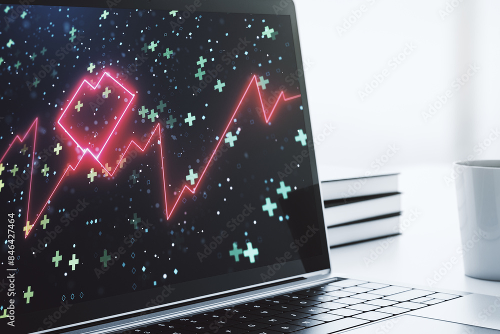 Poster Creative abstract heart pulse hologram on modern computer monitor, online medical consulting concept. 3D Rendering
