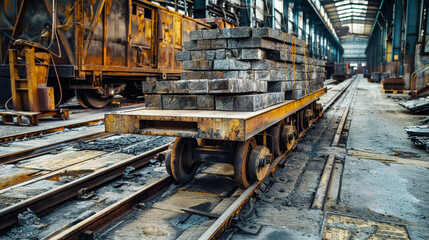 A rusty railcar carrying a stack of metal pipes sits on a weathered rail track in a large, abandoned industrial space