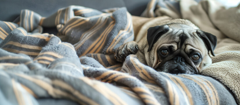 Creative animal template. A lazy cute sleepy pug dog puppy lying looking on soft comfy sofa with stripe wool rug and sunlight shining, banner, wallpaper. copy text space