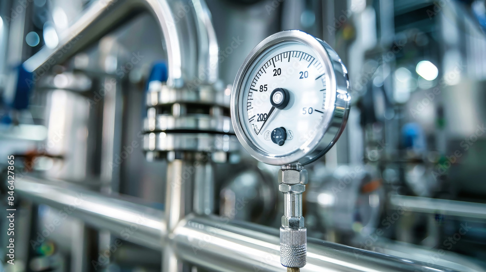 Aufkleber a temperature sensor is attached to a pipe in a busy industrial setting, monitoring the flow of prod