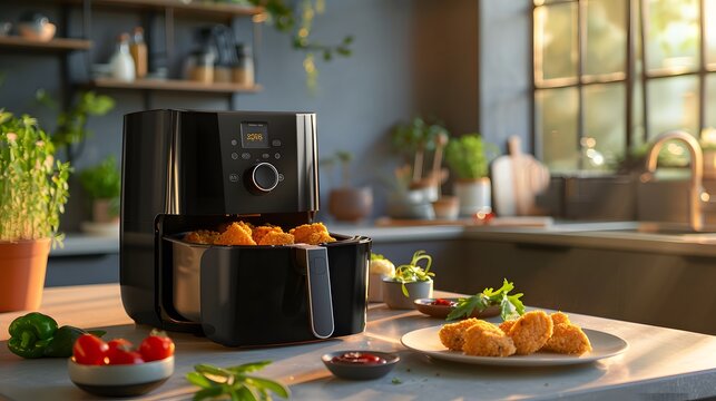 A black air fryer with chicken nuggets on a plate, placed in front of it is an electric fan. The table has some ketchup and vegetables placed next to each other, creating a modern kitchen scene.
