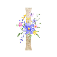 Gold letter I with watercolor flowers and leaves. Floral alphabet, golden monogram initial perfectly for birthday, wedding invitations, greeting card, logo, poster and other design. Hand painting.