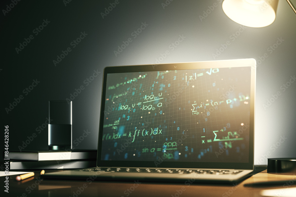 Poster Modern computer monitor with creative scientific formula concept, research and development concept. 3D Rendering
