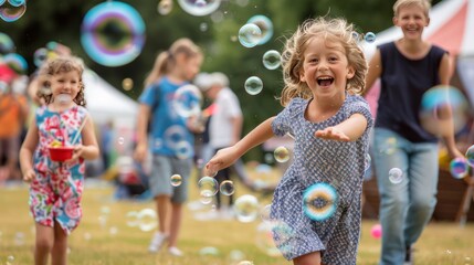 Children happily run after bubbles at a vibrant outdoor festival, filled with joy and laughter in a festive atmosphere