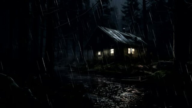 cabin in a dark forest during the rainy season. looping time-lapse video