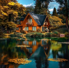 Fototapeta premium house on the lake with autumn scene