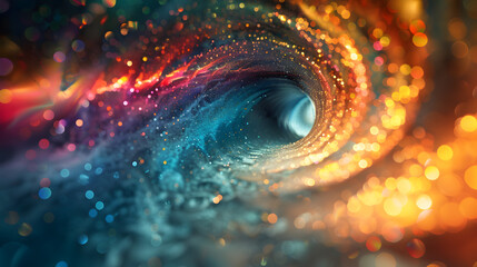 Beams of rainbow gradient light bend into an event horizon.